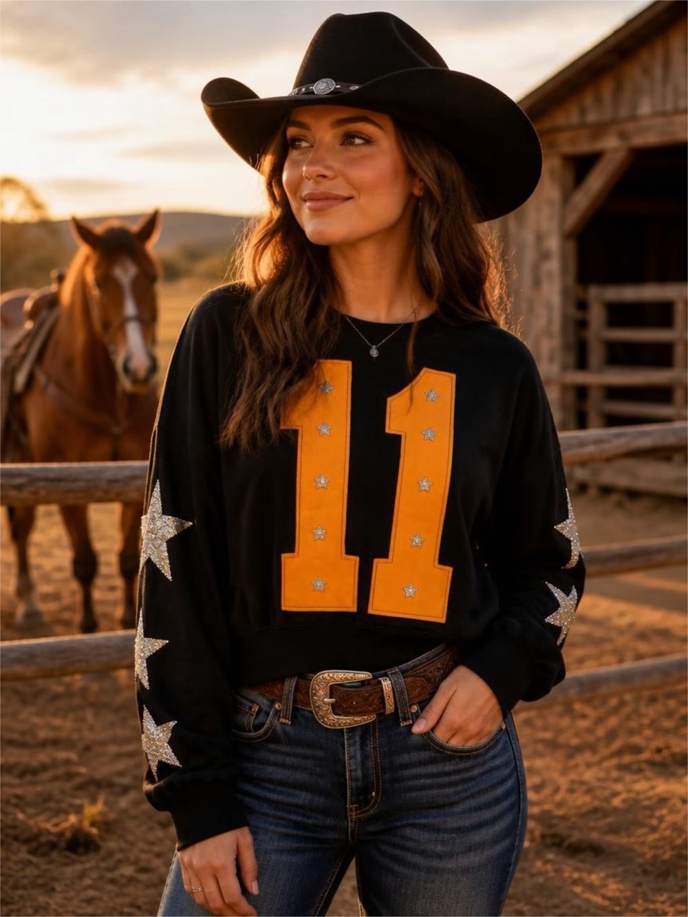 Judith March Black Sweatshirt with Orange Patch Detail Sz S sequins star Sleeves